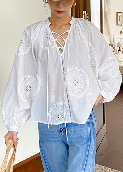 Elegant Cotton White Lace Up Blouses Hollow Embroidered Out