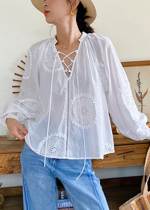 Elegant Cotton White Lace Up Blouses Hollow Embroidered Out