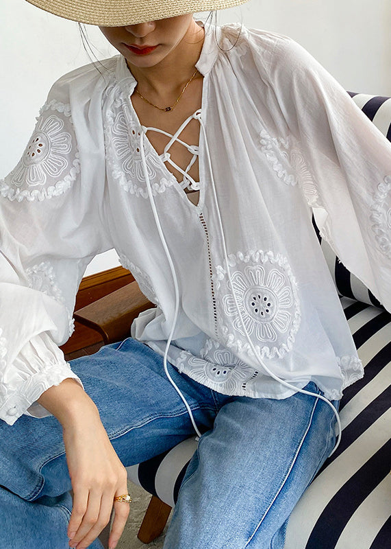 Elegant Cotton White Lace Up Blouses Hollow Embroidered Out