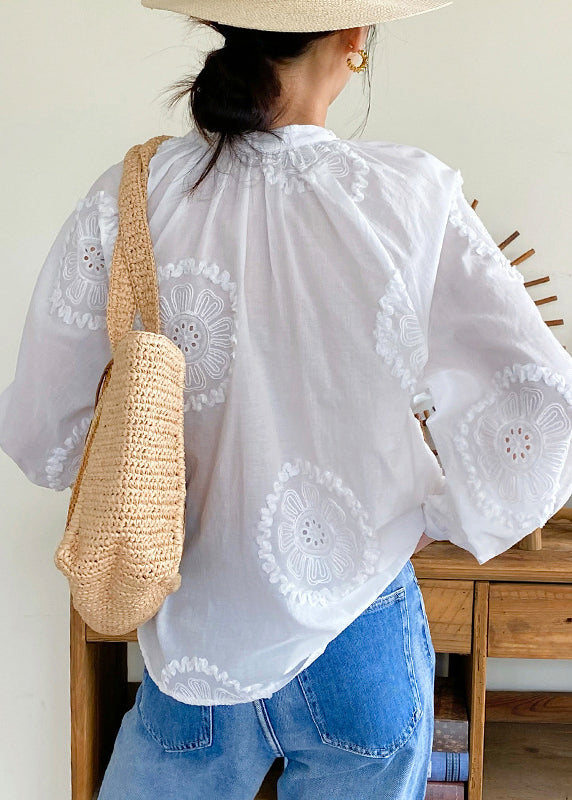 Elegant Cotton White Lace Up Blouses Hollow Embroidered Out