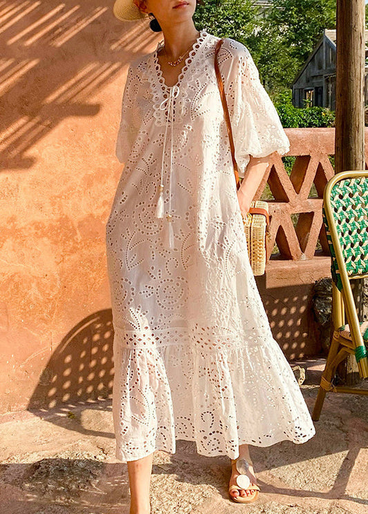 Elegant Long White Embroidered Dress Cotton Pockets Hollow Out