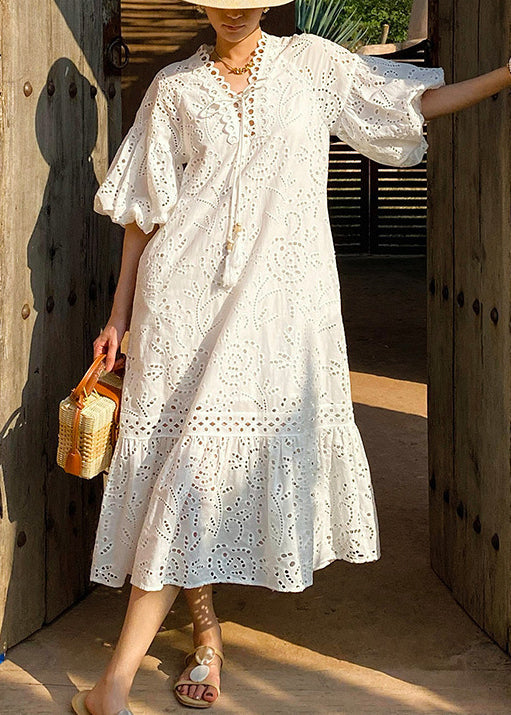 Elegant Long White Embroidered Dress Cotton Pockets Hollow Out