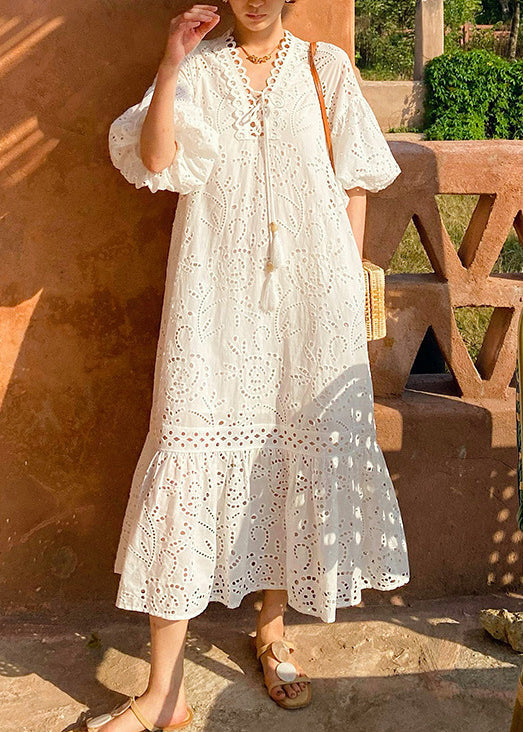 Elegant Long White Embroidered Dress Cotton Pockets Hollow Out