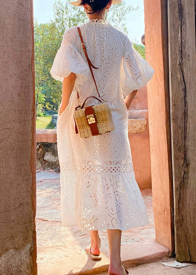 Elegant Long White Embroidered Dress Cotton Pockets Hollow Out