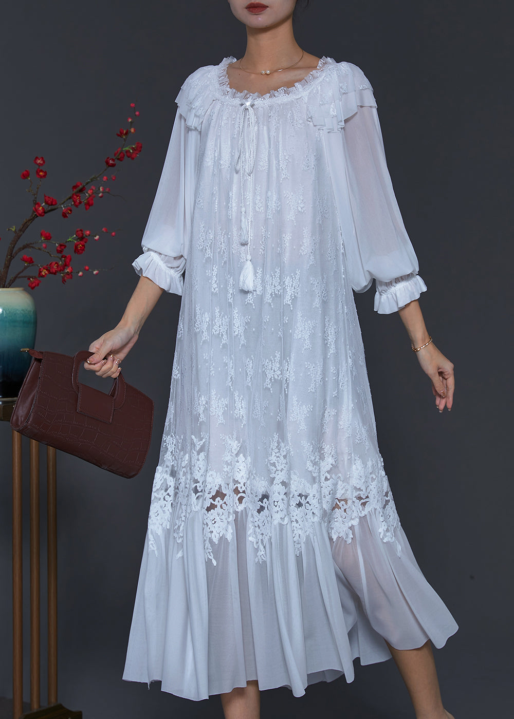 Elegant White Embroidered Patchwork Lace Dresses Spring SD1082