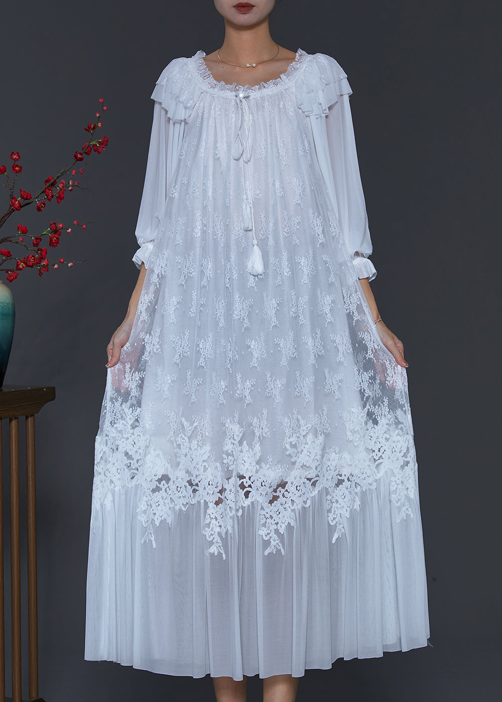 Elegant White Embroidered Patchwork Lace Dresses Spring SD1082