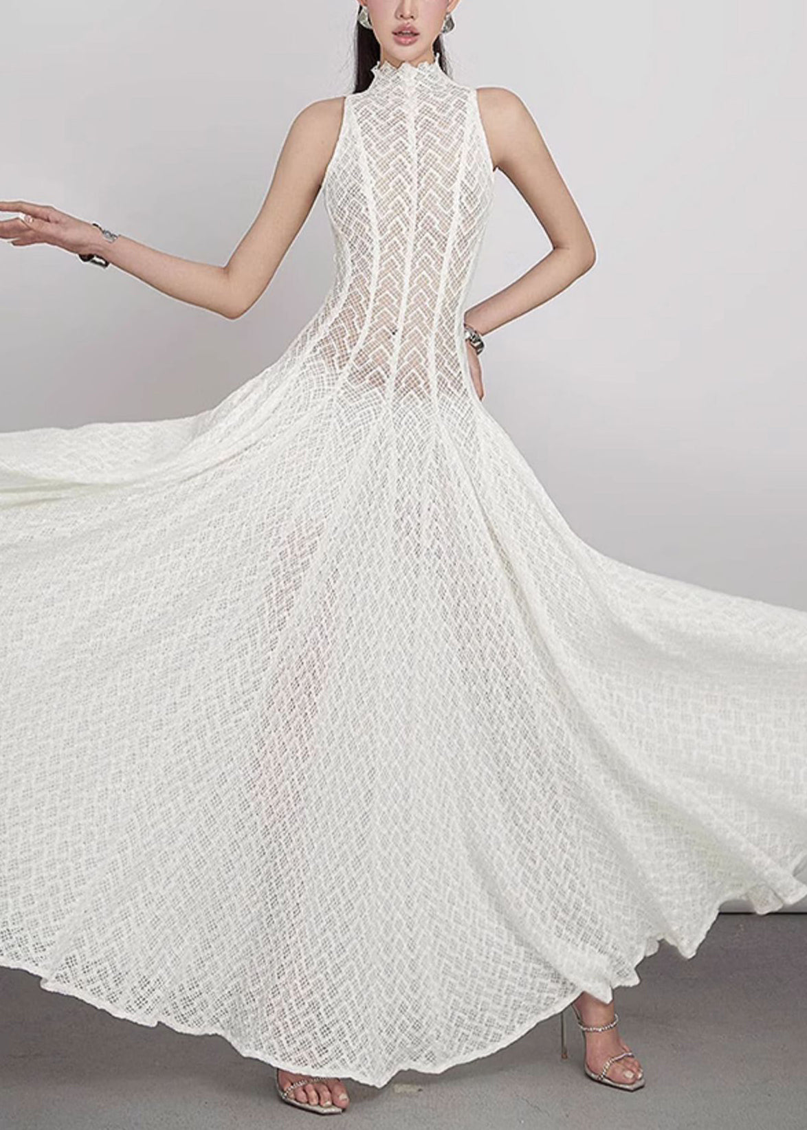 Dress White Out Hollow Solid Sleeveless Elegant Maxi Lace