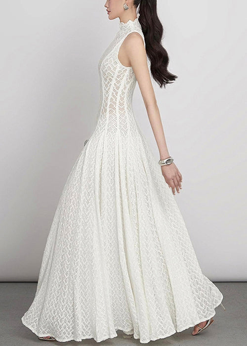 Dress White Out Hollow Solid Sleeveless Elegant Maxi Lace