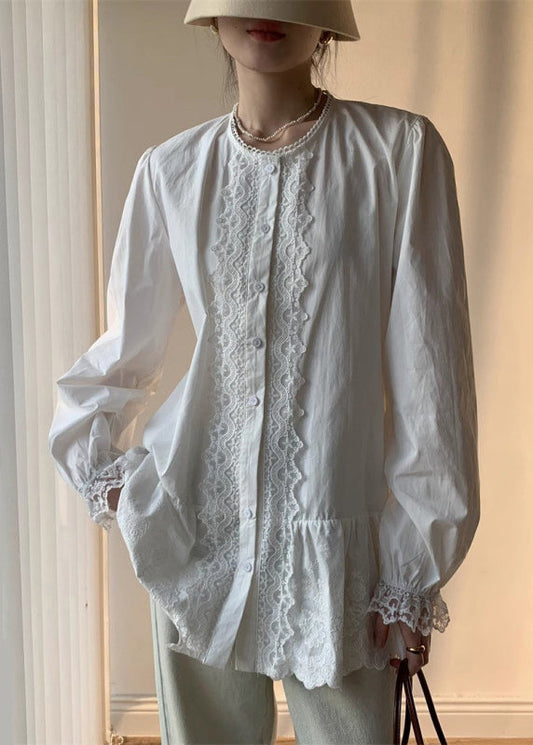 Cotton Button Lace Shirt White Elegant Fall