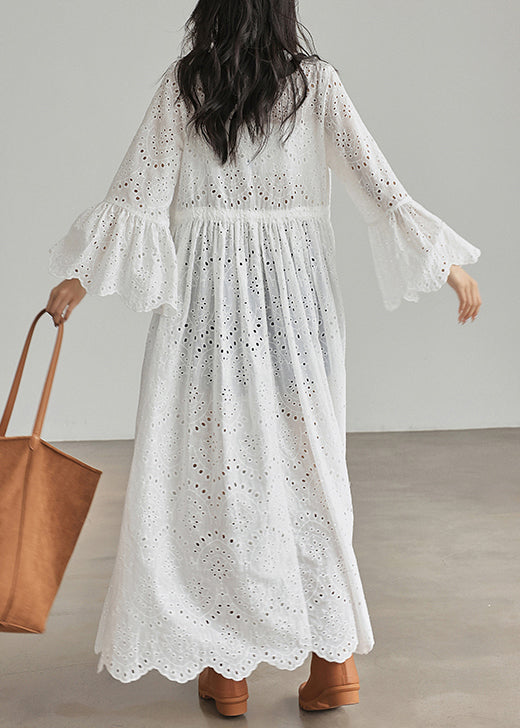 Elegant White Lace Up Hollow Out Cotton Dresses Flare Sleeve ZL056