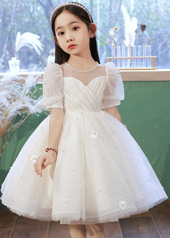 Elegant White Nail Bead Floral Tulle Kids Long Dresses Summer QV013