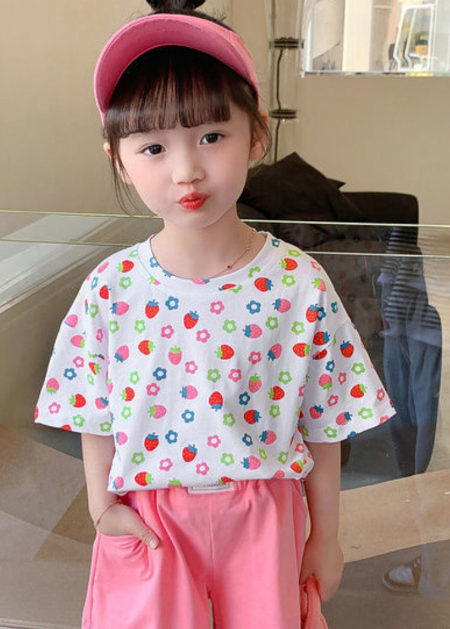 Elegant White O-Neck Print Kids T Shirt Summer YU1066