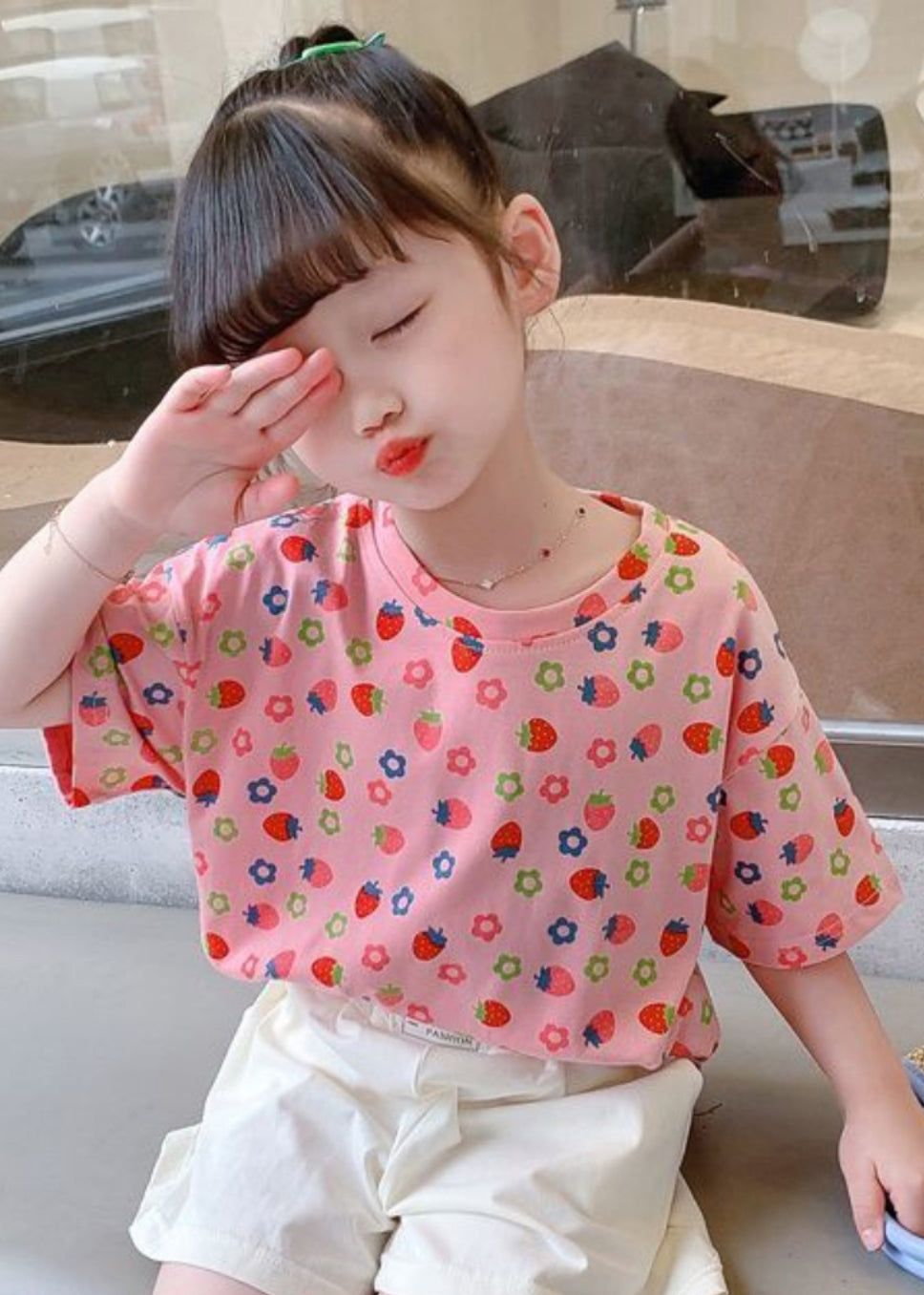 Elegant White O-Neck Print Kids T Shirt Summer YU1066