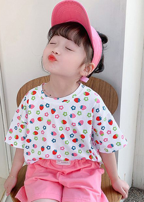 Elegant White O-Neck Print Kids T Shirt Summer YU1066