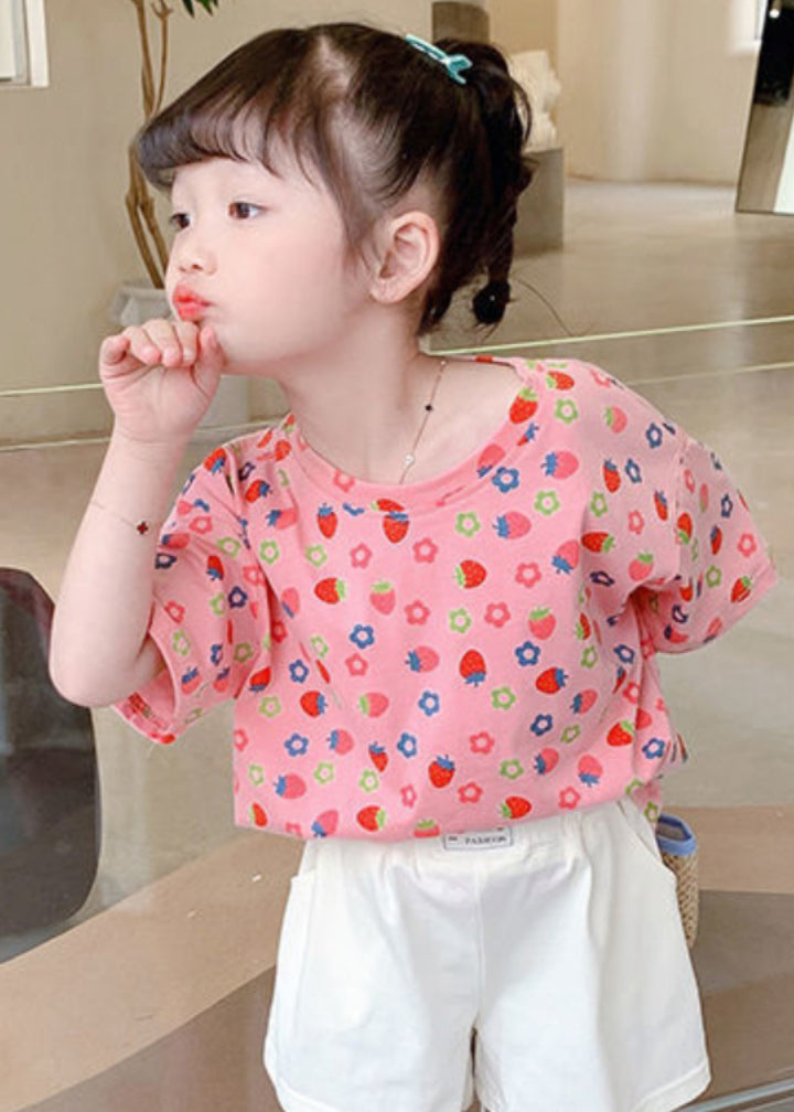 Elegant White O-Neck Print Kids T Shirt Summer YU1066