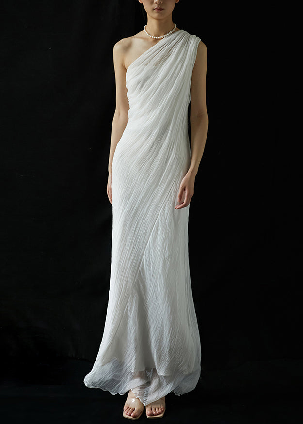 Elegant White One-Shoulder Wrinkled Silk Long Dresses Summer KK068