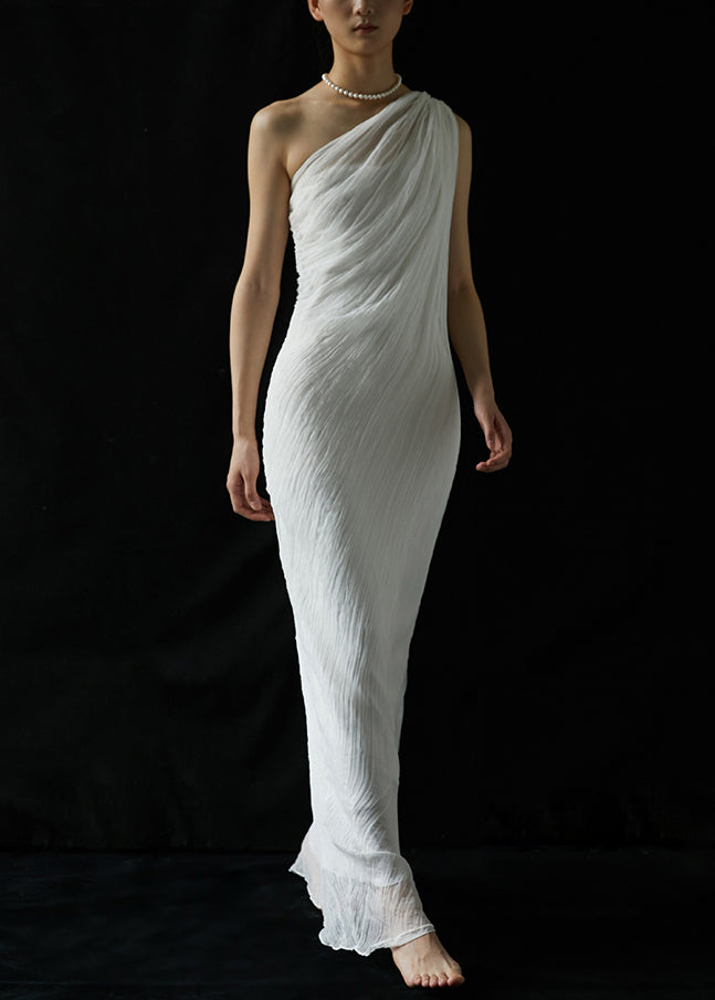 Elegant White One-Shoulder Wrinkled Silk Long Dresses Summer KK068