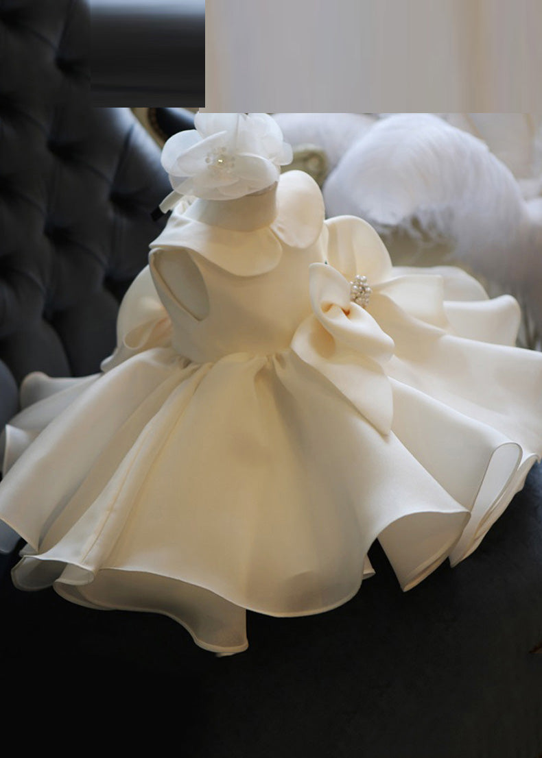 Elegant White Peter Pan Collar Bow Tulle Kids Long Dress Summer YS019