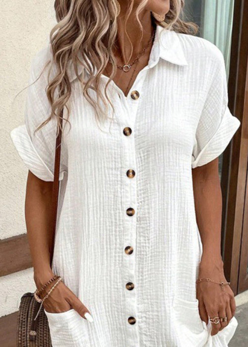 Elegant White Peter Pan Collar Button Pockets Cotton Shirt Dress Summer QE001