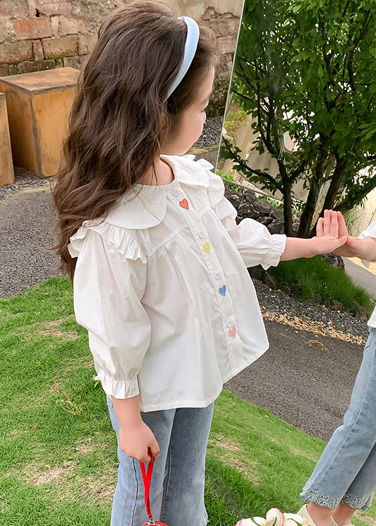 Elegant White Ruffled Button Cotton Girls Shirt Flare Sleeve YU1045