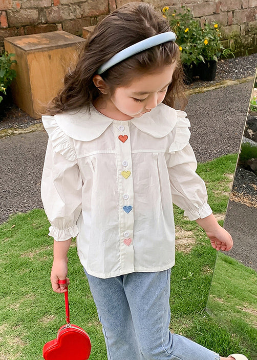 Elegant White Ruffled Button Cotton Girls Shirt Flare Sleeve YU1045