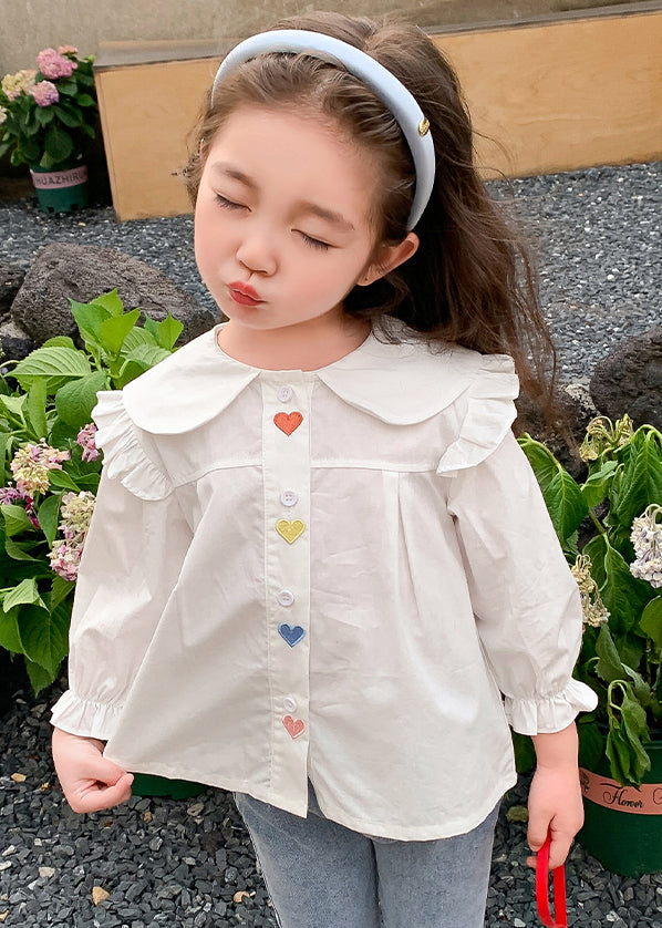 Elegant White Ruffled Button Cotton Girls Shirt Flare Sleeve YU1045