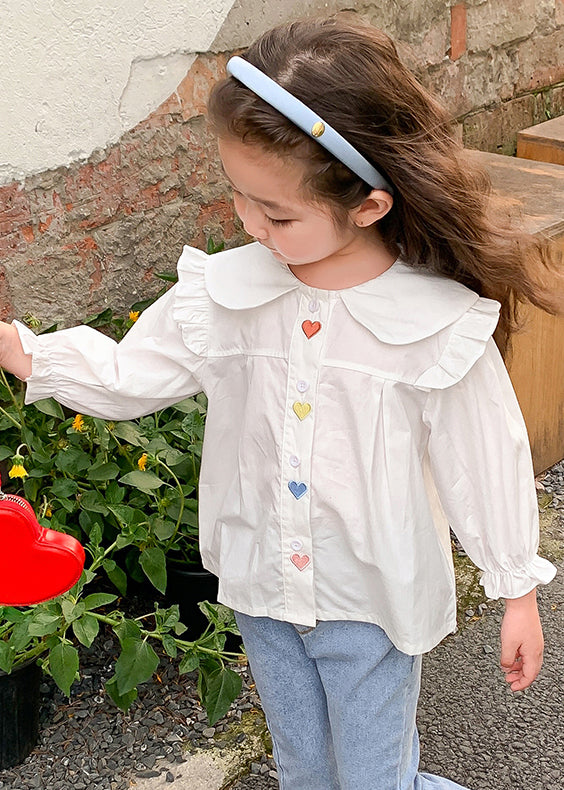 Elegant White Ruffled Button Cotton Girls Shirt Flare Sleeve YU1045