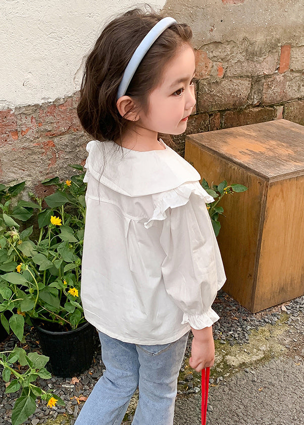 Elegant White Ruffled Button Cotton Girls Shirt Flare Sleeve YU1045