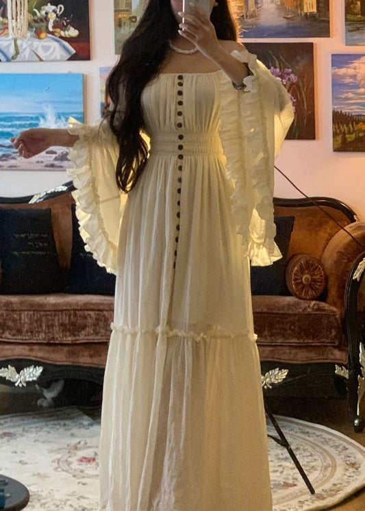 High Flare Ruffled Sleeve Elegant Dress Waist Cotton Maxi White