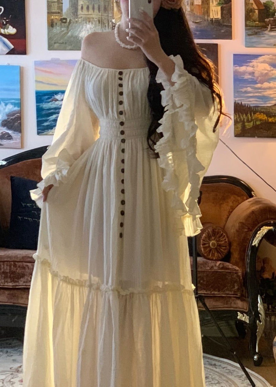 High Flare Ruffled Sleeve Elegant Dress Waist Cotton Maxi White