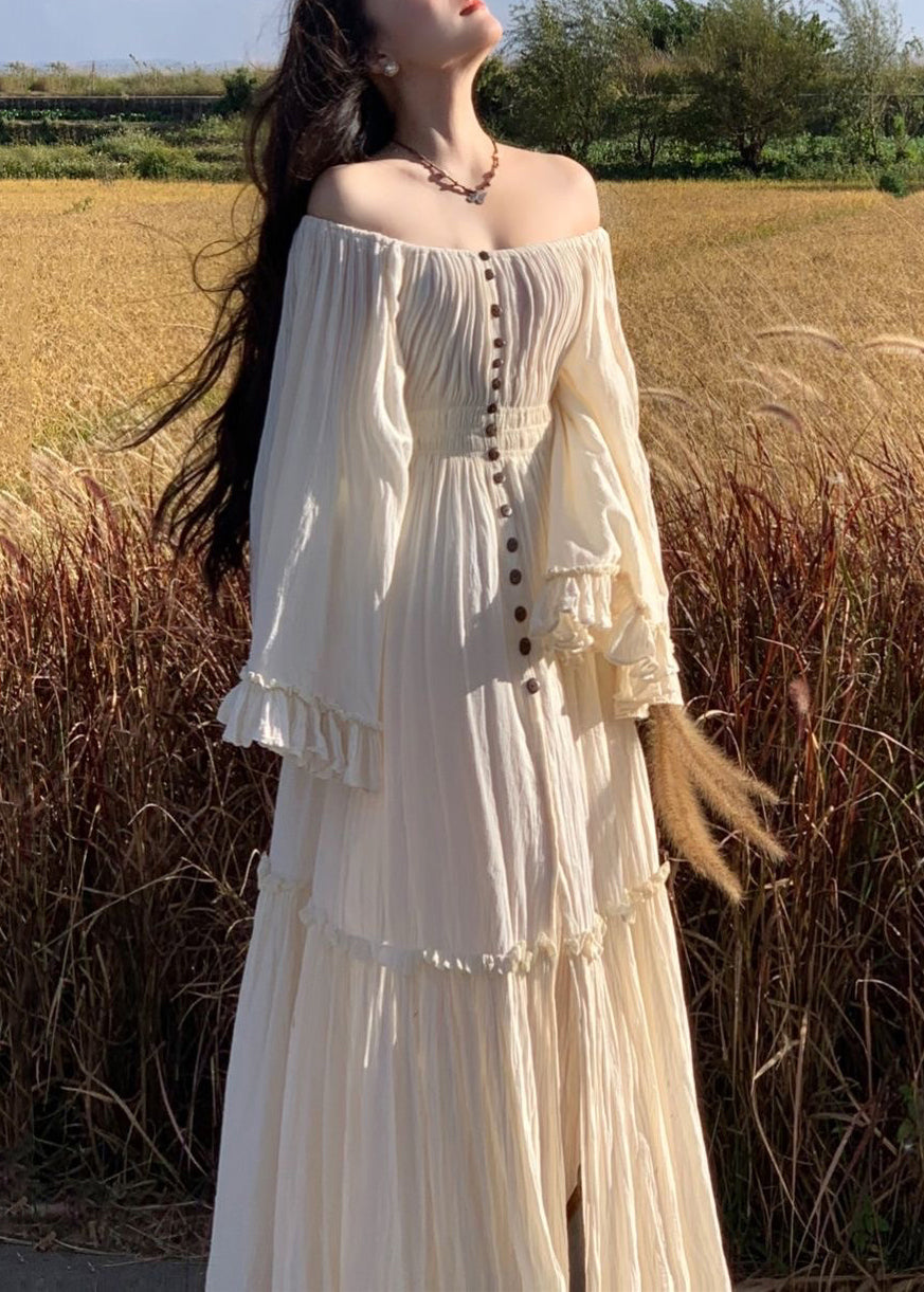 High Flare Ruffled Sleeve Elegant Dress Waist Cotton Maxi White