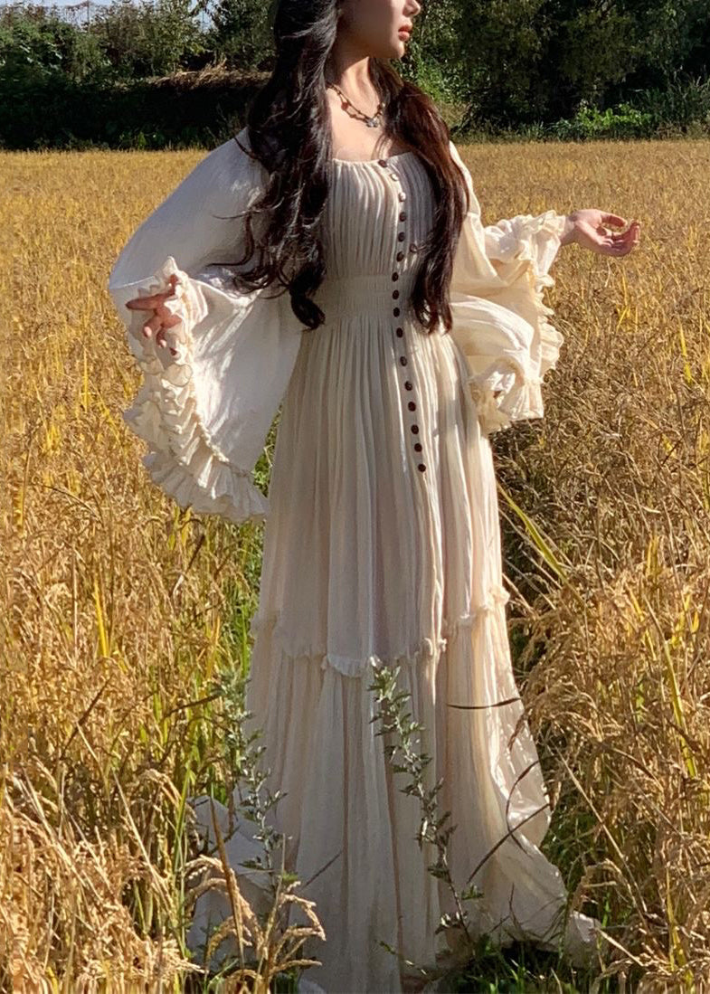 High Flare Ruffled Sleeve Elegant Dress Waist Cotton Maxi White