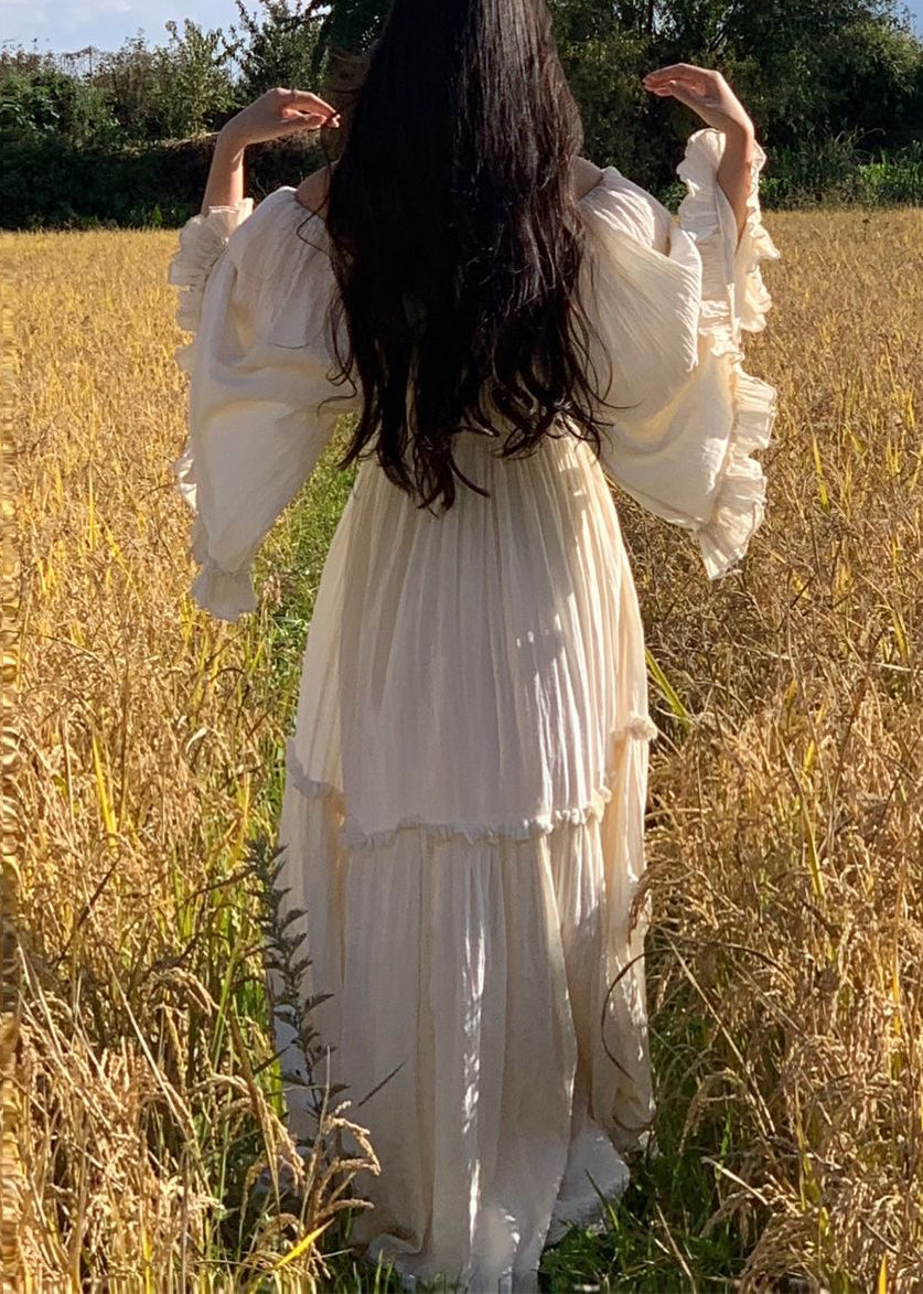 High Flare Ruffled Sleeve Elegant Dress Waist Cotton Maxi White