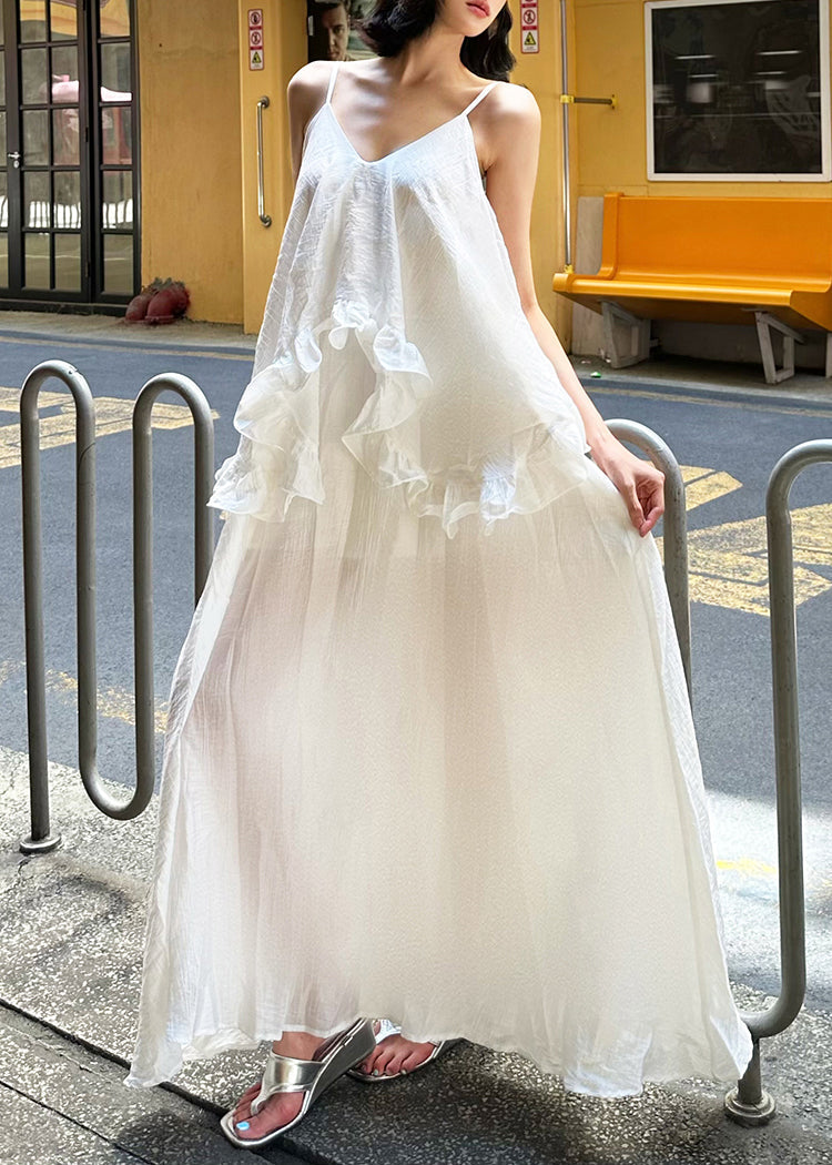 Spaghetti Cotton White Elegant Ruffled Strap Dress Patchwork
