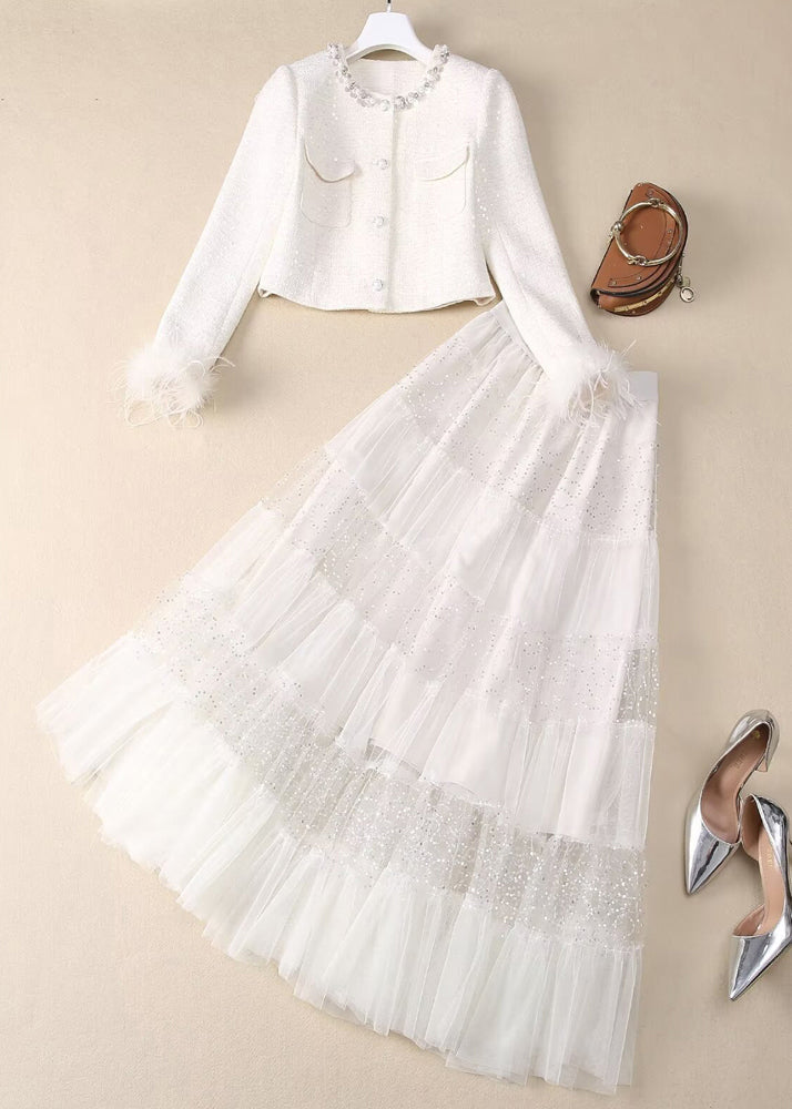 Tulle Bead Elegant Nail Two And Maxi Skirt Coats Sequins White