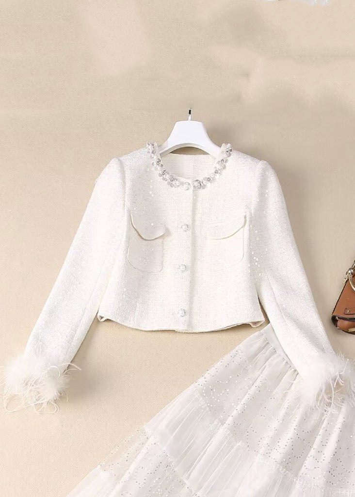 Tulle Bead Elegant Nail Two And Maxi Skirt Coats Sequins White