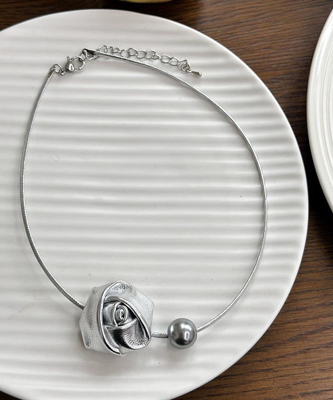 Elegant White Stainless Steel Pearl Rose Choker YA003