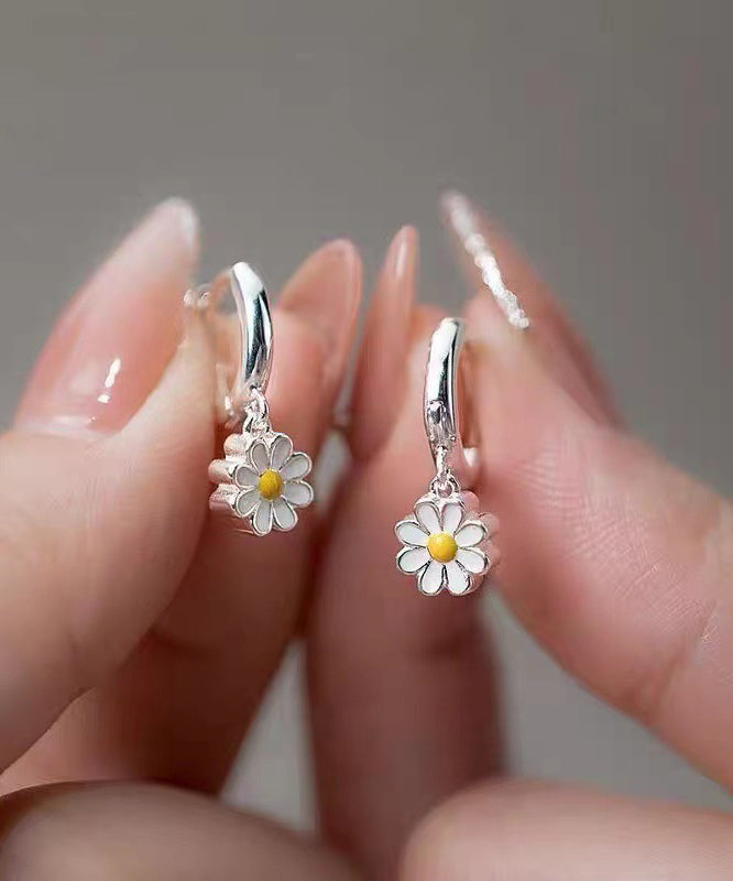 Elegant Hoop Silver Sterling Earrings White Chrysanthemum