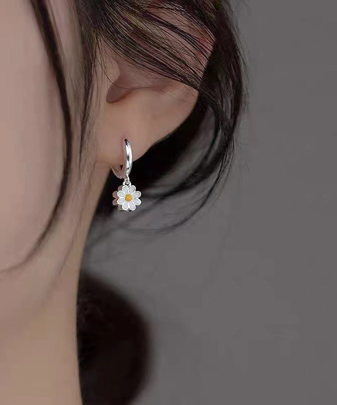 Elegant Hoop Silver Sterling Earrings White Chrysanthemum