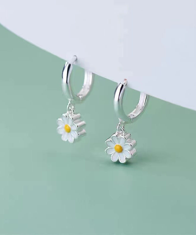 Elegant Hoop Silver Sterling Earrings White Chrysanthemum