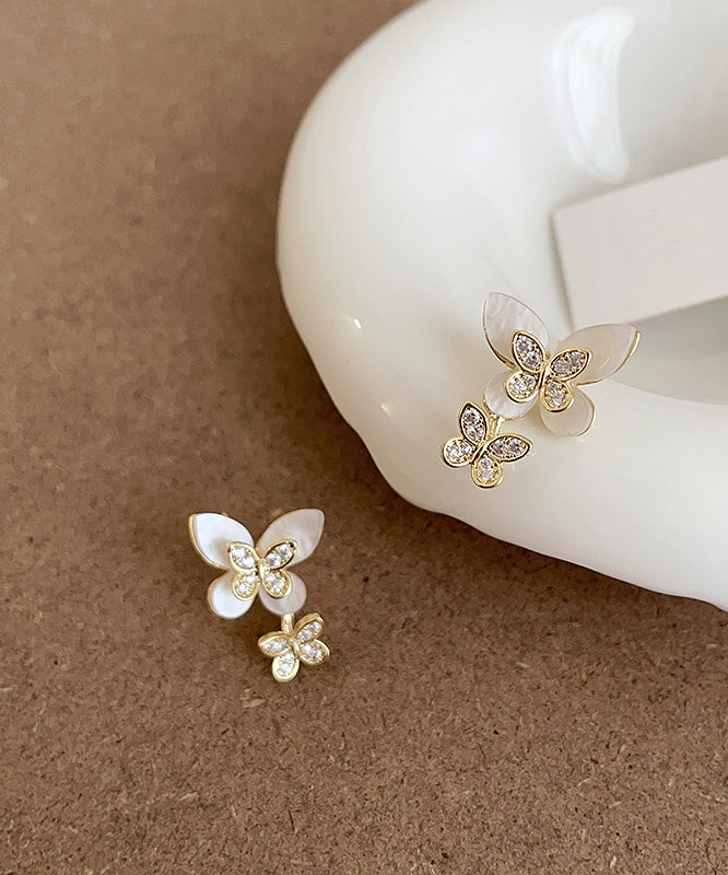 Elegant White Sterling Silver Overgild Zircon Floral Butterfly Stud Earrings QZ009