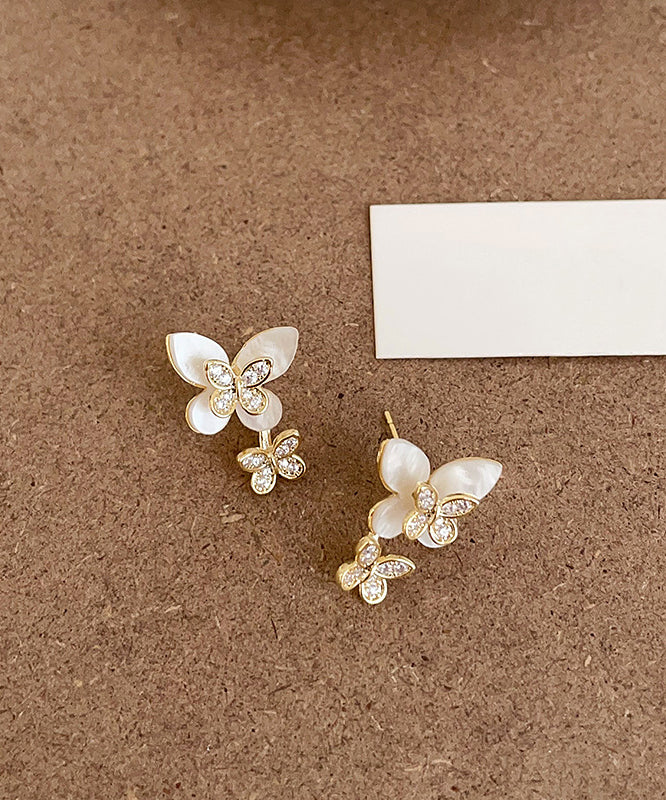 Elegant White Sterling Silver Overgild Zircon Floral Butterfly Stud Earrings QZ009