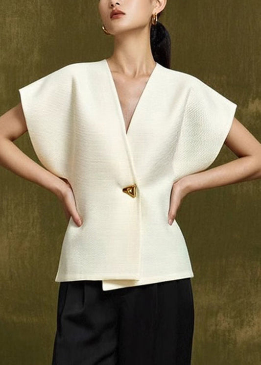 Top Neck V Elegant Summer White Button