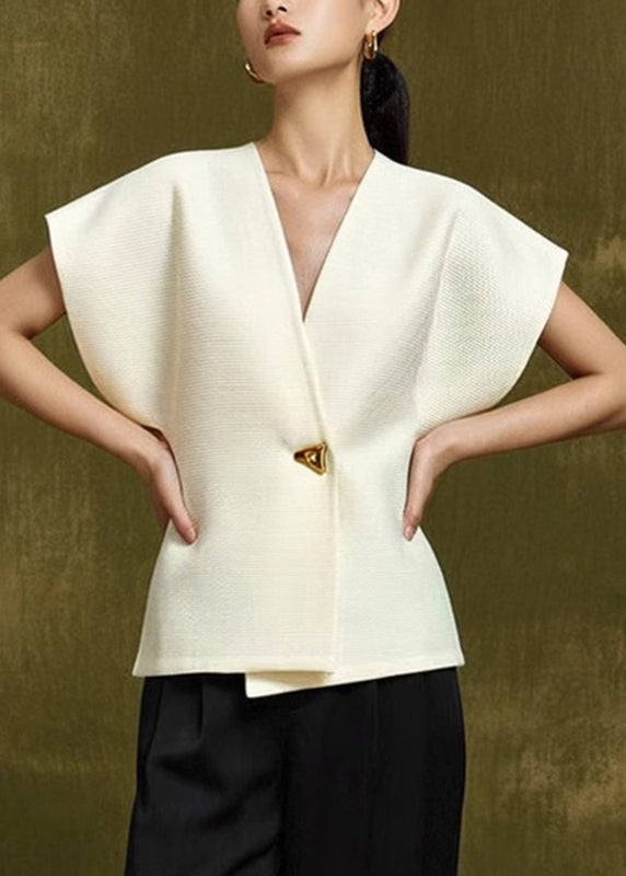 White Neck Top V Elegant Button Summer