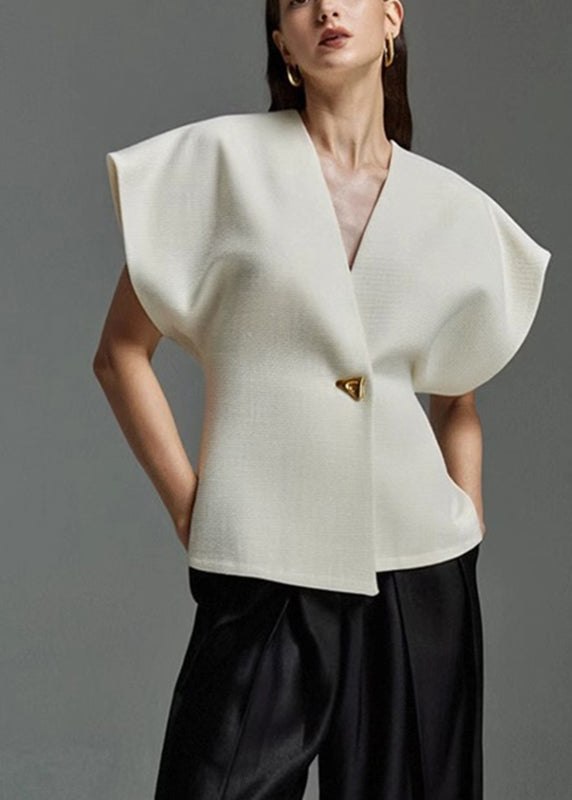 White Neck Top V Elegant Button Summer