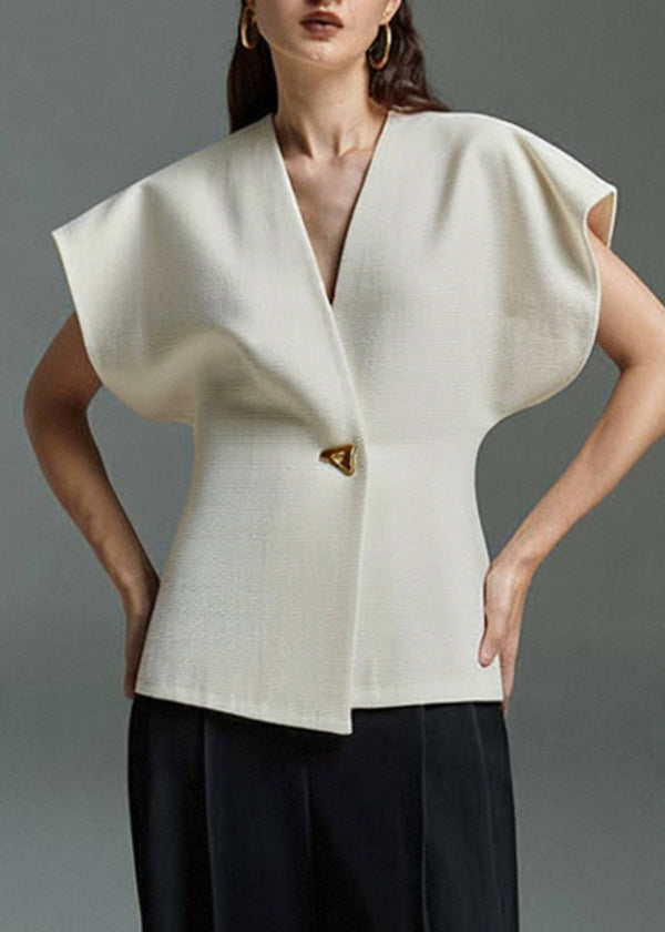 White Neck Top V Elegant Button Summer