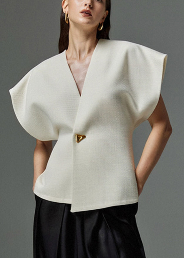 White Neck Top V Elegant Button Summer