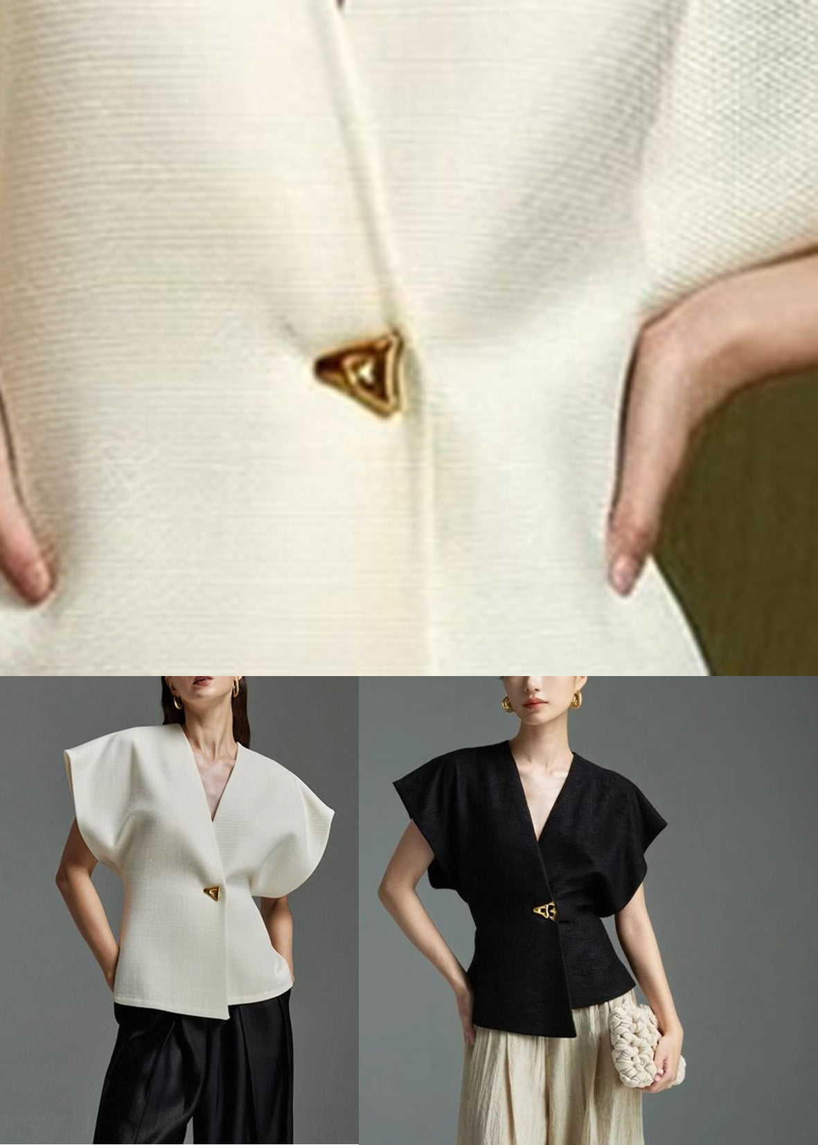 White Neck Top V Elegant Button Summer