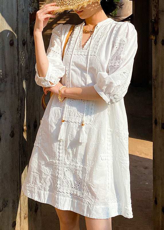 White Out Cotton V Half Hollow Sleeve Dress Pockets Neck Elegant