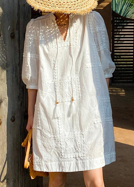 White Out Cotton V Half Hollow Sleeve Dress Pockets Neck Elegant